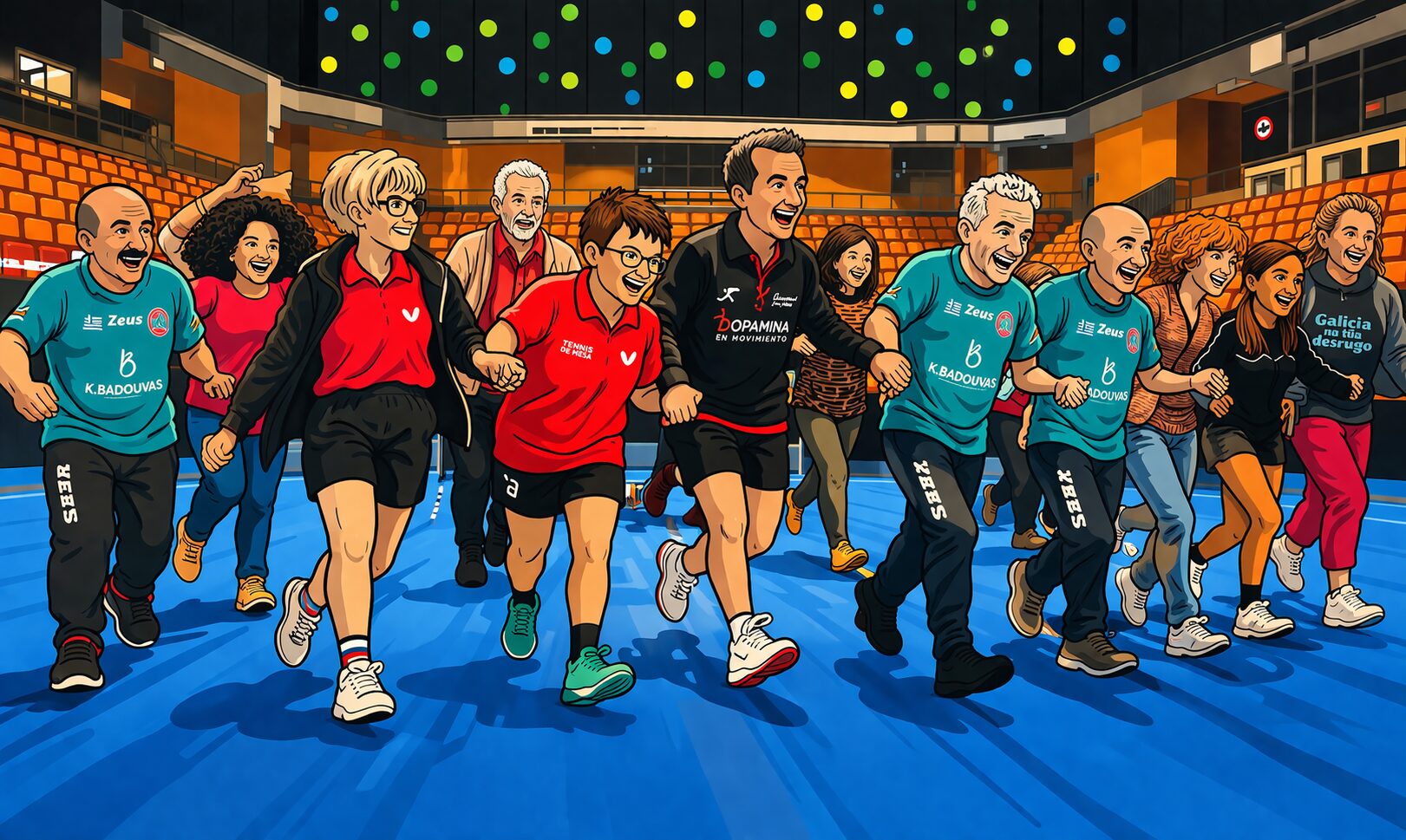 Grupo de participantes de Dopamina en Movimiento corriendo y sonriendo en un pabellón de tenis de mesa
