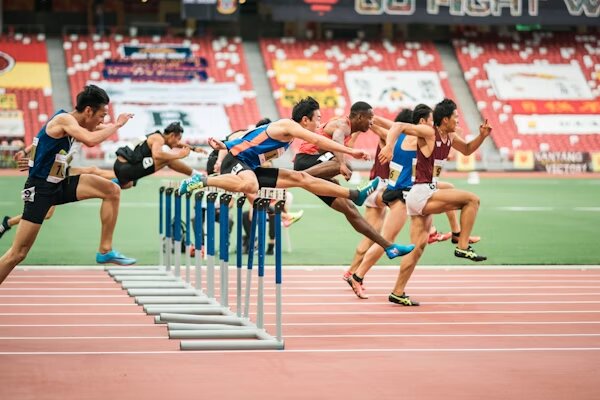 Atletas saltando vallas en una pista de atletismo