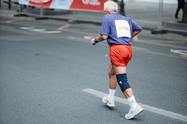 Corredor sénior participando en una carrera popular